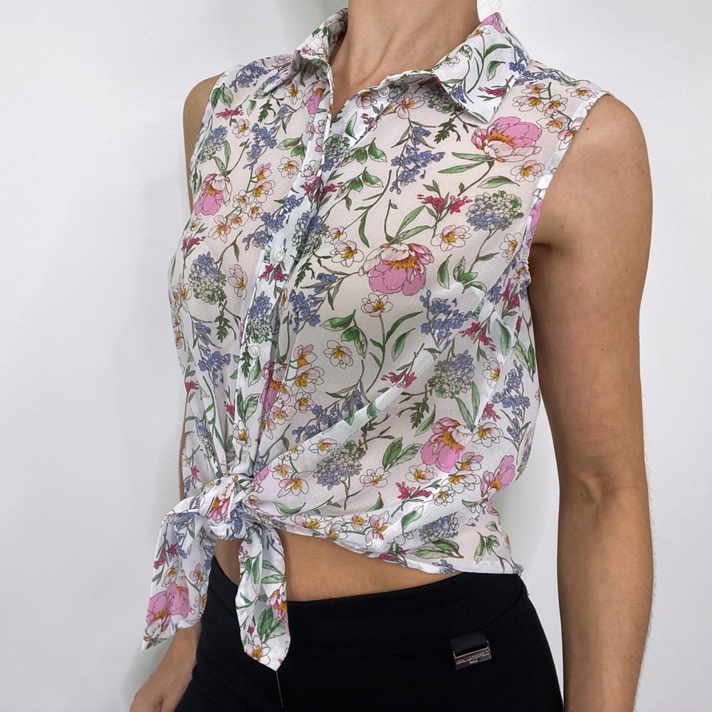 H&M Multicolor Floral Sheer Sleeveless Button Down Collared Shirt